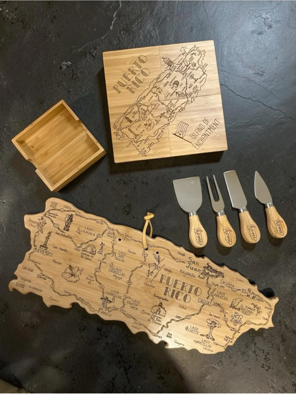Puerto Rico Bamboo 10 Piece Cheese Board Set w/ Utensils and Coaster Set NEW